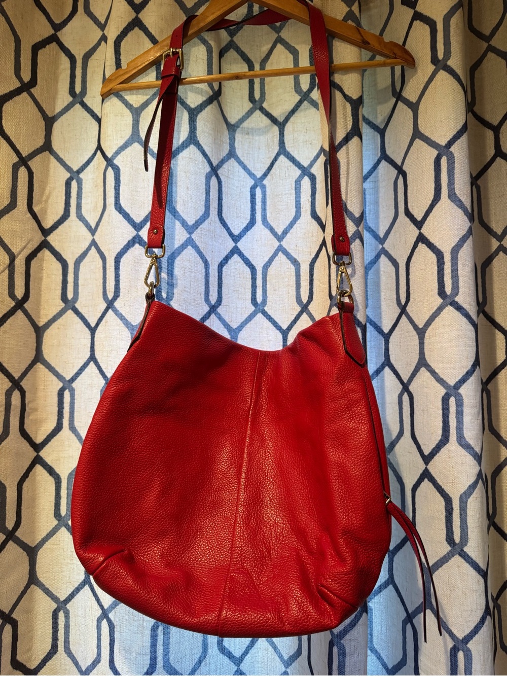 Women's Red Leather Shoulder Hobo Bag with Adjustable Strap
